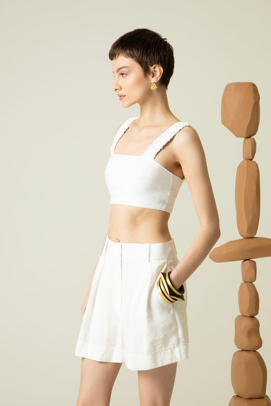 Askılı Kare Yaka Ekru Crop Top