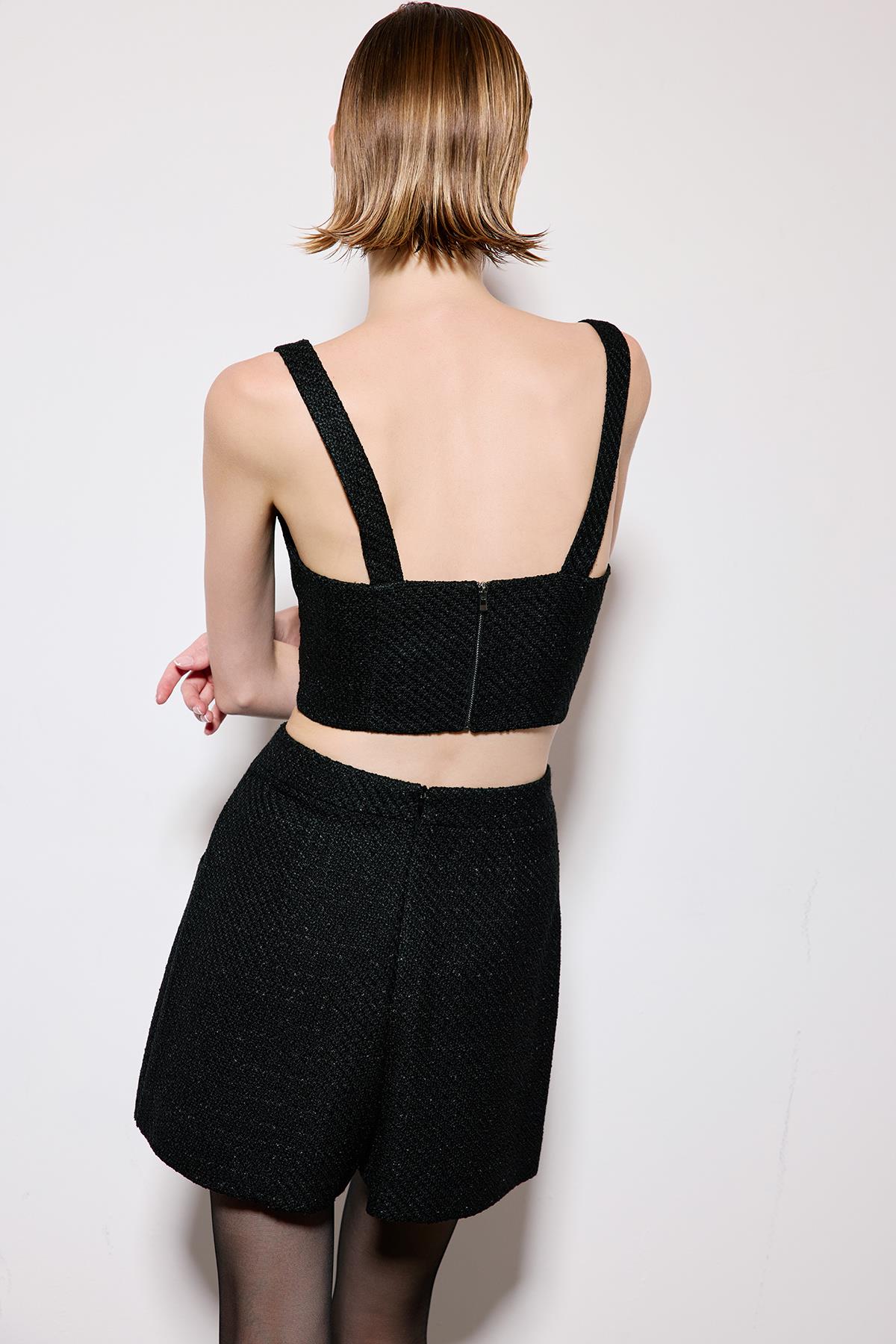Askılı Siyah Tüvit Crop Büstiyer