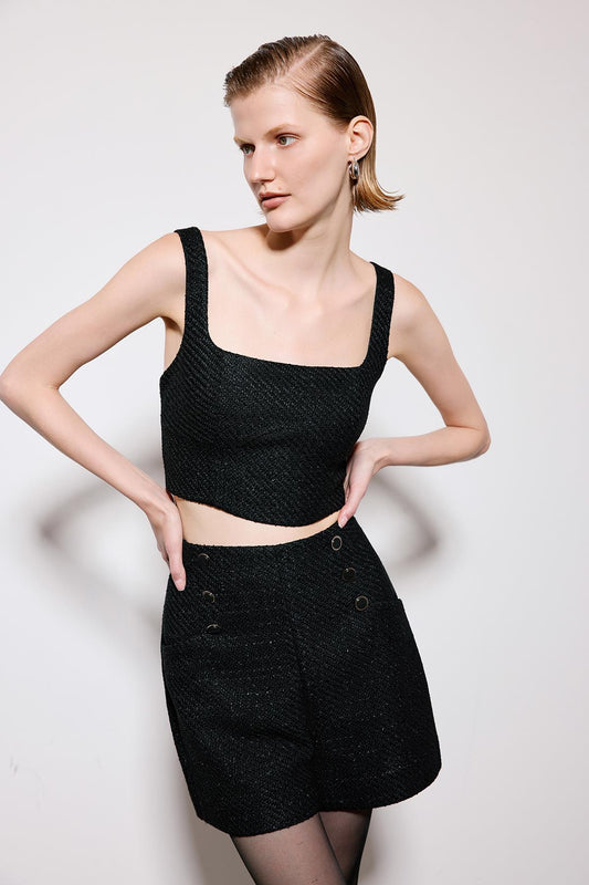 Askılı Siyah Tüvit Crop Büstiyer