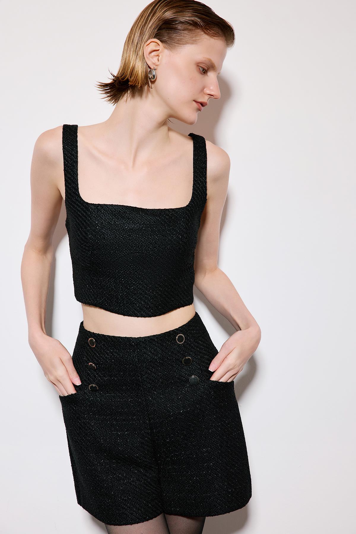 Askılı Siyah Tüvit Crop Büstiyer