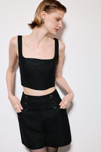 Askılı Siyah Tüvit Crop Büstiyer