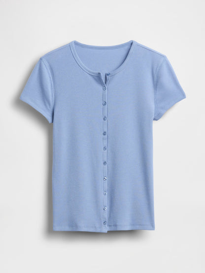 Açık Mavi Modern Fitilli Düğmeli Bisiklet Yaka T-shirt