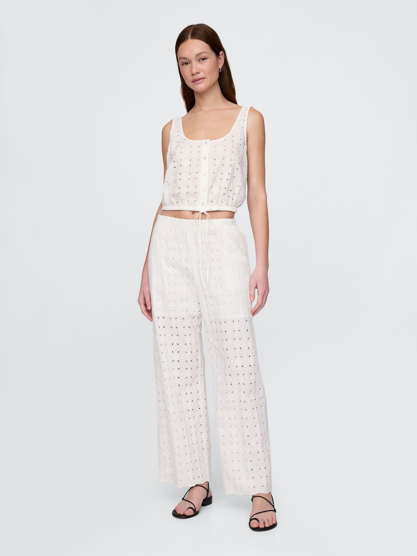 Beyaz Mid Rise Eyelet Kolay Wide-leg Pantolon