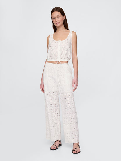 Beyaz Mid Rise Eyelet Kolay Wide-leg Pantolon