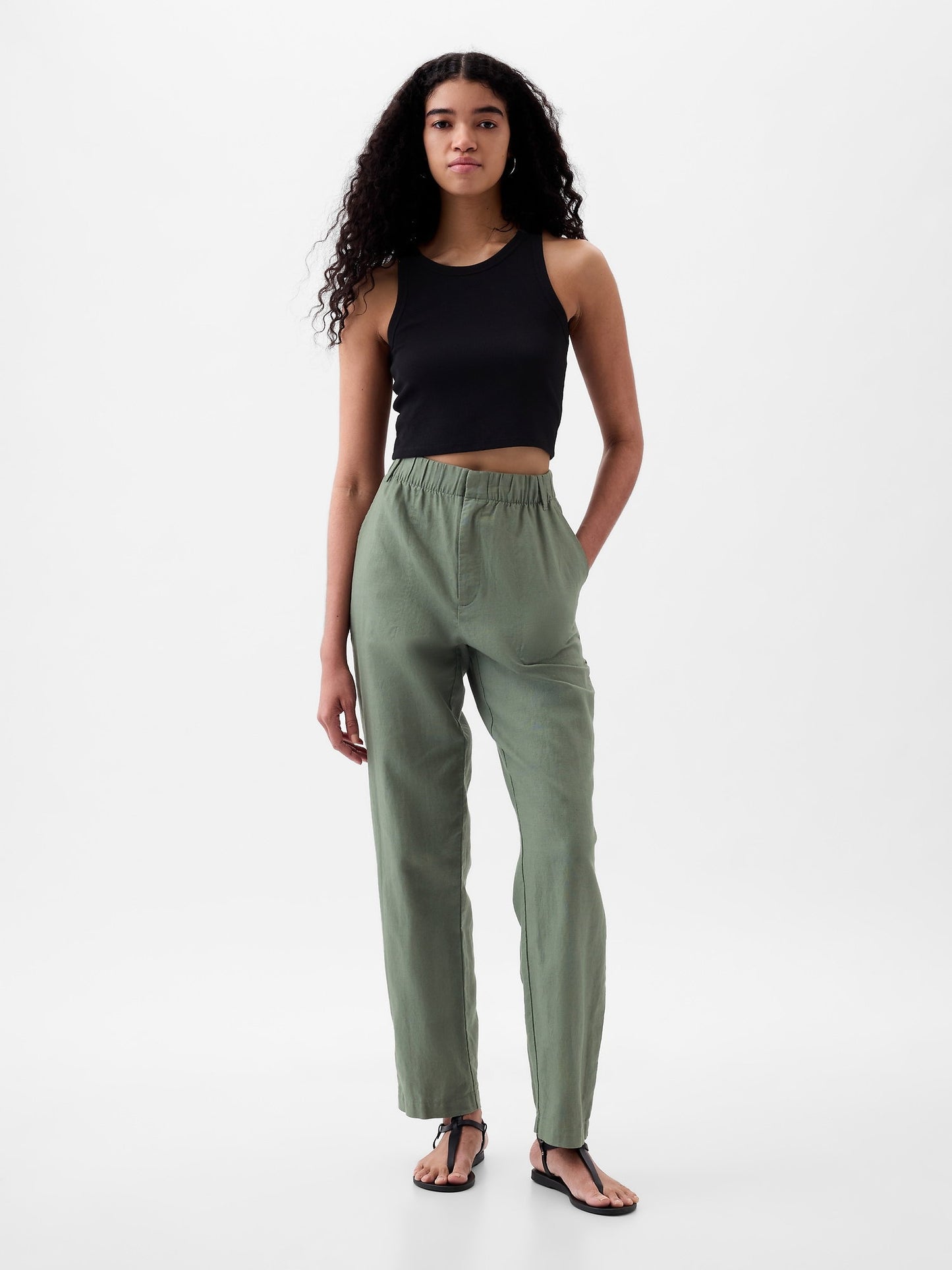 Haki High Rise Keten Karışımlı Pull-on Pantolon