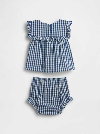 Lacivert Gingham Denim Volan Outfit Set