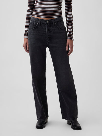 Siyah Low Slung Relaxed Straight Jean Pantolon