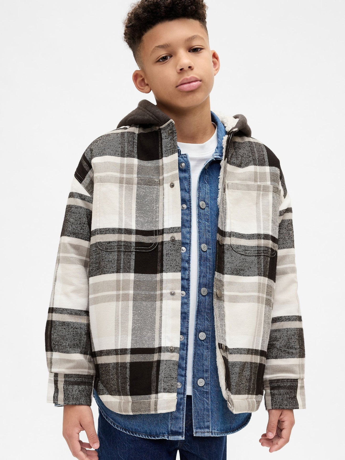 Gri Sherpa Kapüşonlu Flannel Ceket
