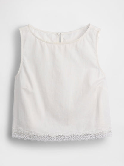 Beyaz Keten Karışımı Dantel Kenar Crop Bluz