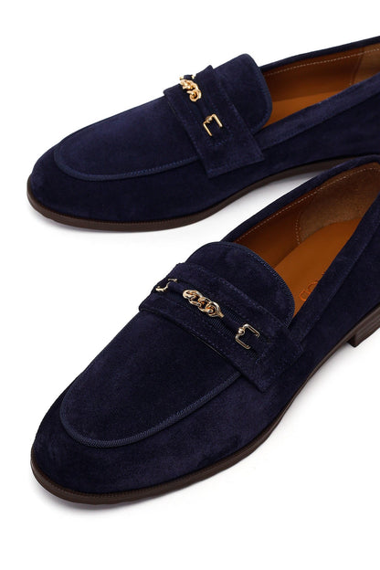 Kadın Lacivert Tokalı Süet Deri Maskülen Loafer