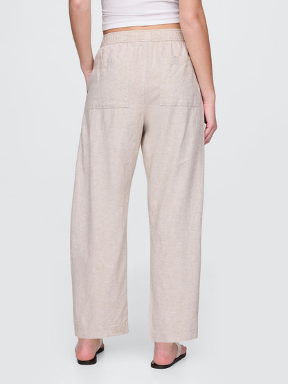 Bej Mid Rise Keten Karışımlı Barrel Pantolon