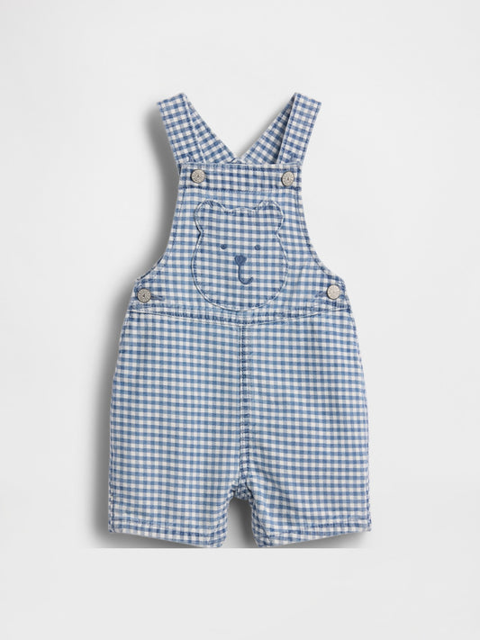 Açık Mavi Gingham Denim Ayı Cep Şort Tulum