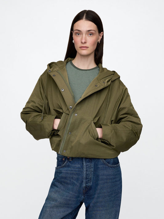 Haki Kapüşonlu Crop Ceket