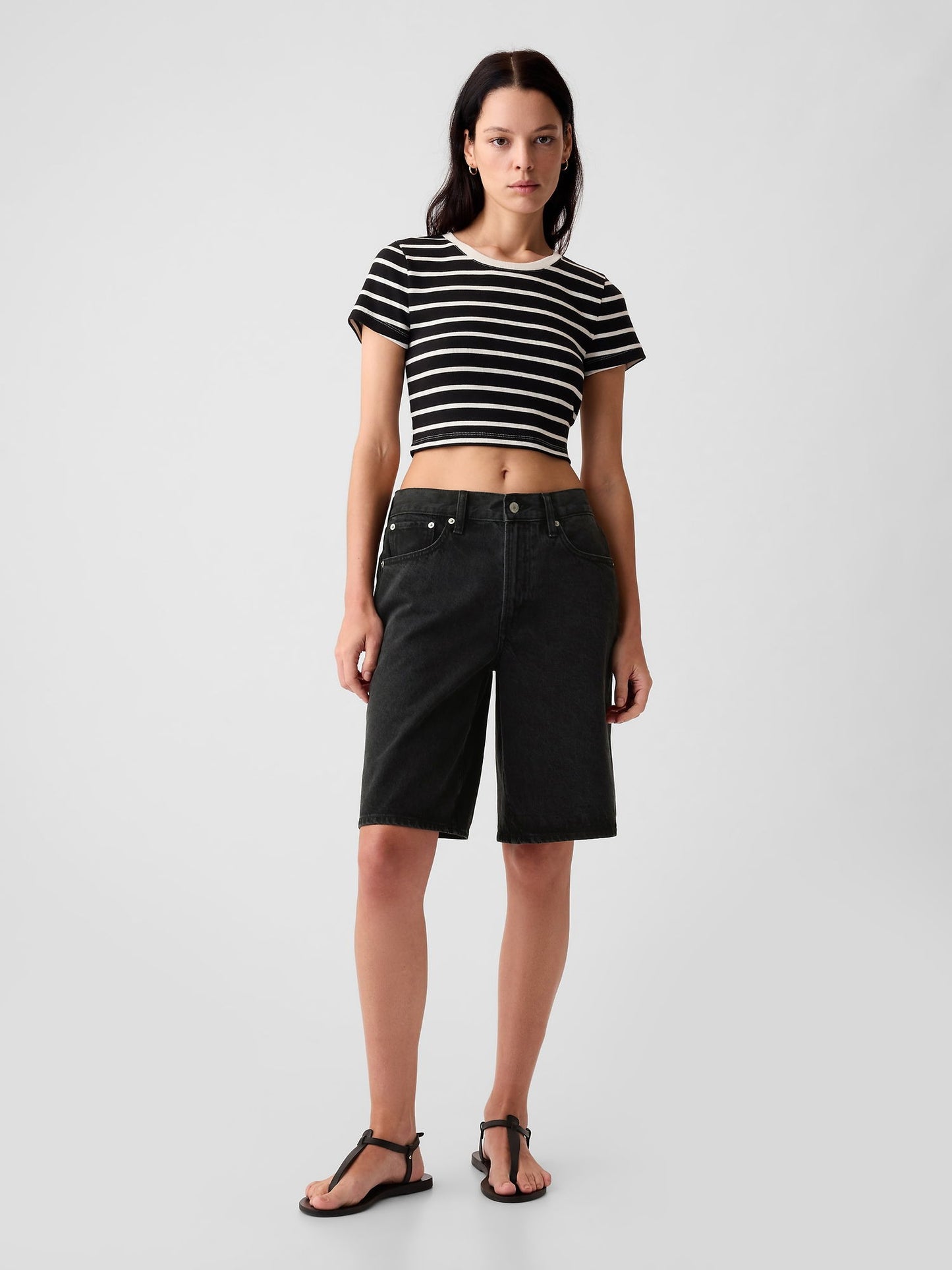 Siyah 11.5 Mid Rise Longline Denim Şort