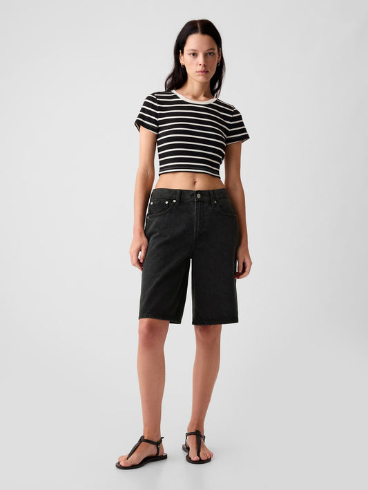 Siyah 11.5 Mid Rise Longline Denim Şort