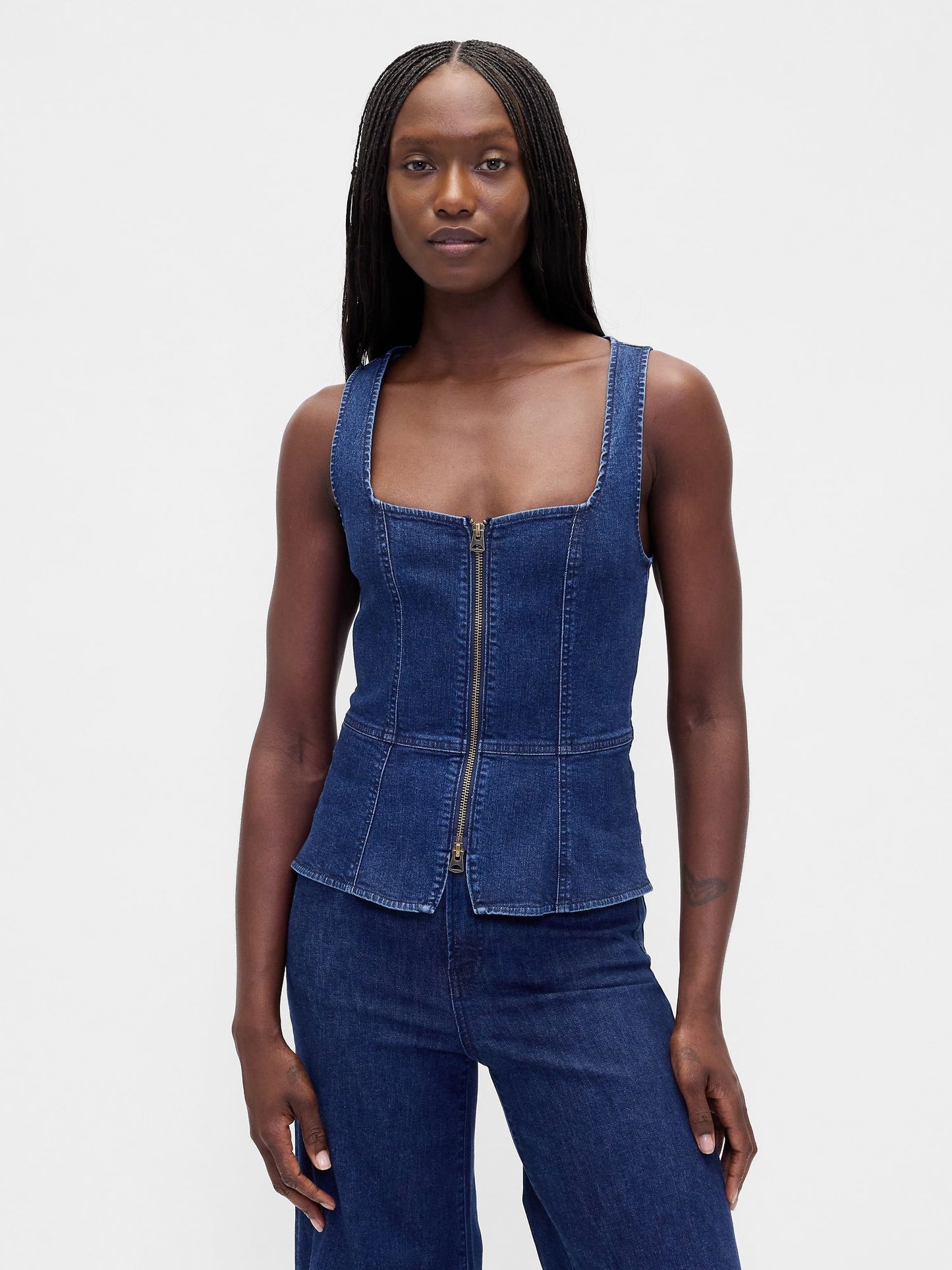 Lacivert Denim Fermuarlı Bluz