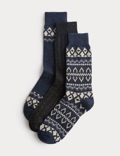 3’lü Fair Isle Desenli Yün Karışımlı Çorap Seti