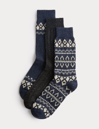3’lü Fair Isle Desenli Yün Karışımlı Çorap Seti