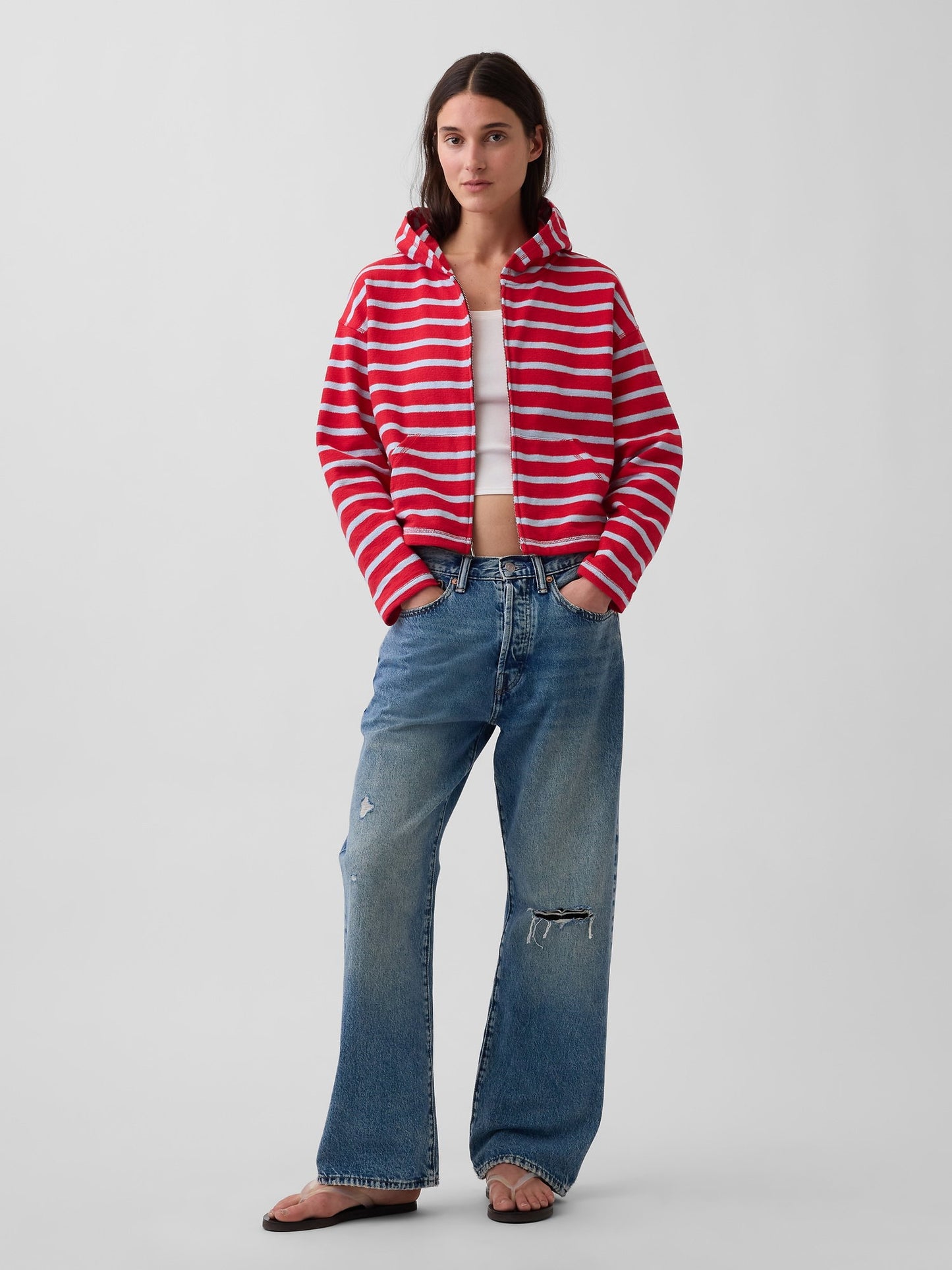 Kırmızı Havlu Terry Oversized Çizgili Fermuarlı Sweatshirt