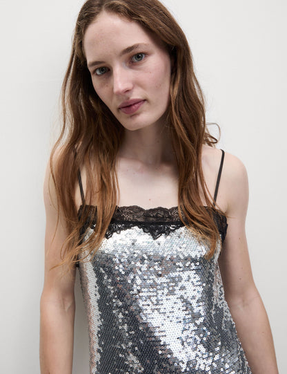 Payetli Kare Yaka Midi Slip Elbise
