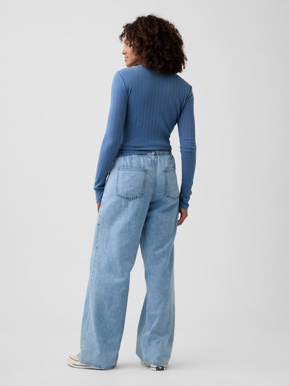 Açık Mavi Mid Rise Pull-on Süper Hafif Wide-leg Jean Pantolon