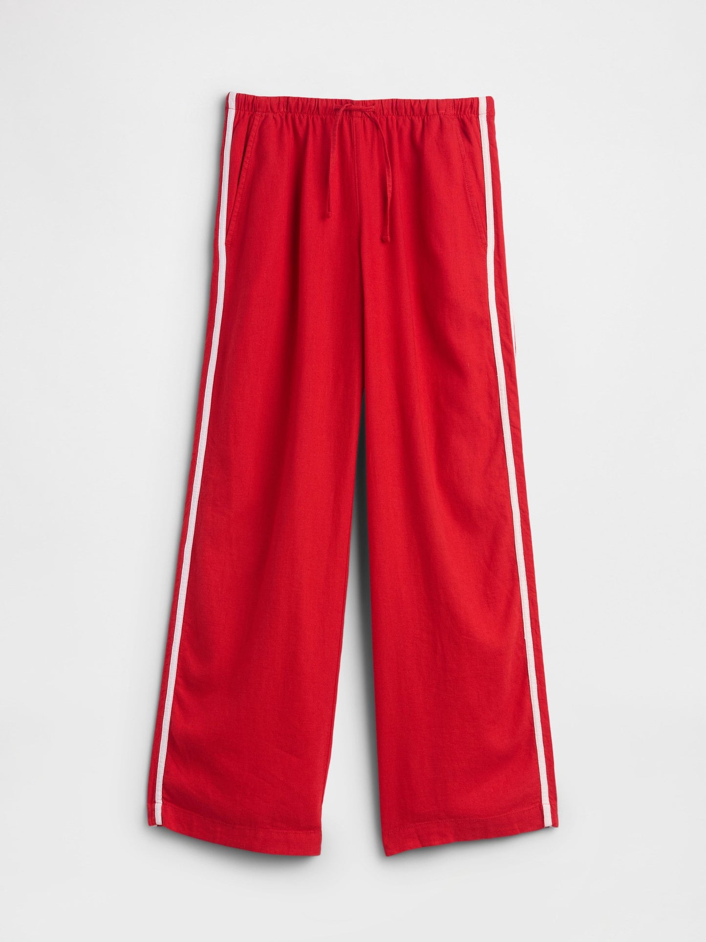 Kırmızı Keten Karışımlı Çizgili Wide-leg Pantolon
