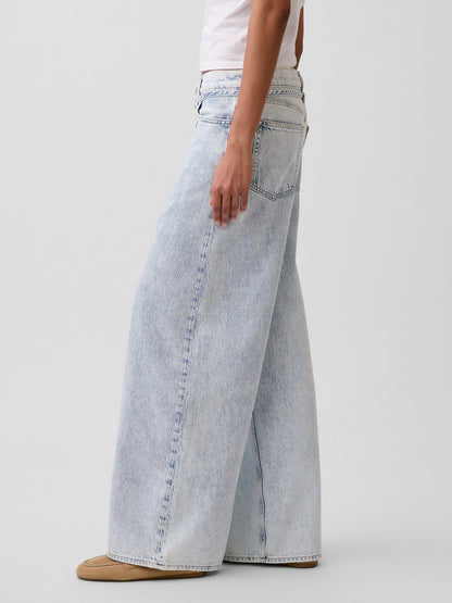 Açık Mavi Mid Rise Ultrasoft Baggy Mikro Kemer Jean Pantolon