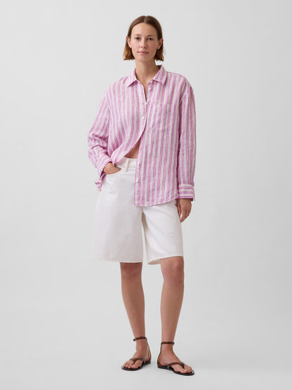 Pembe 100% Keten Oversize Gömlek