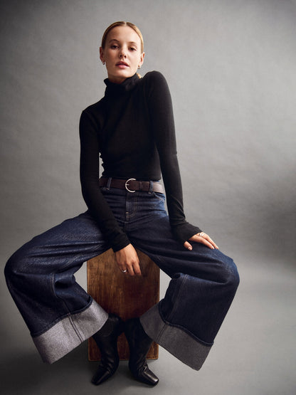 Koyu Mavi Mid Rise Metalik Cuffed Baggy Jean Pantolon