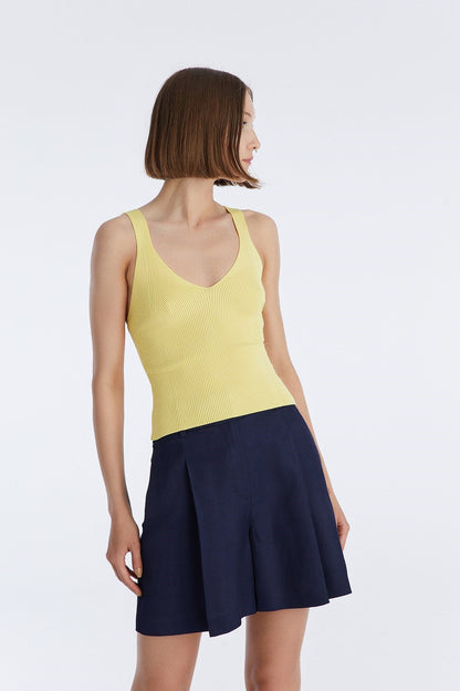 V Yaka Örgü Sarı Triko Crop Büstiyer