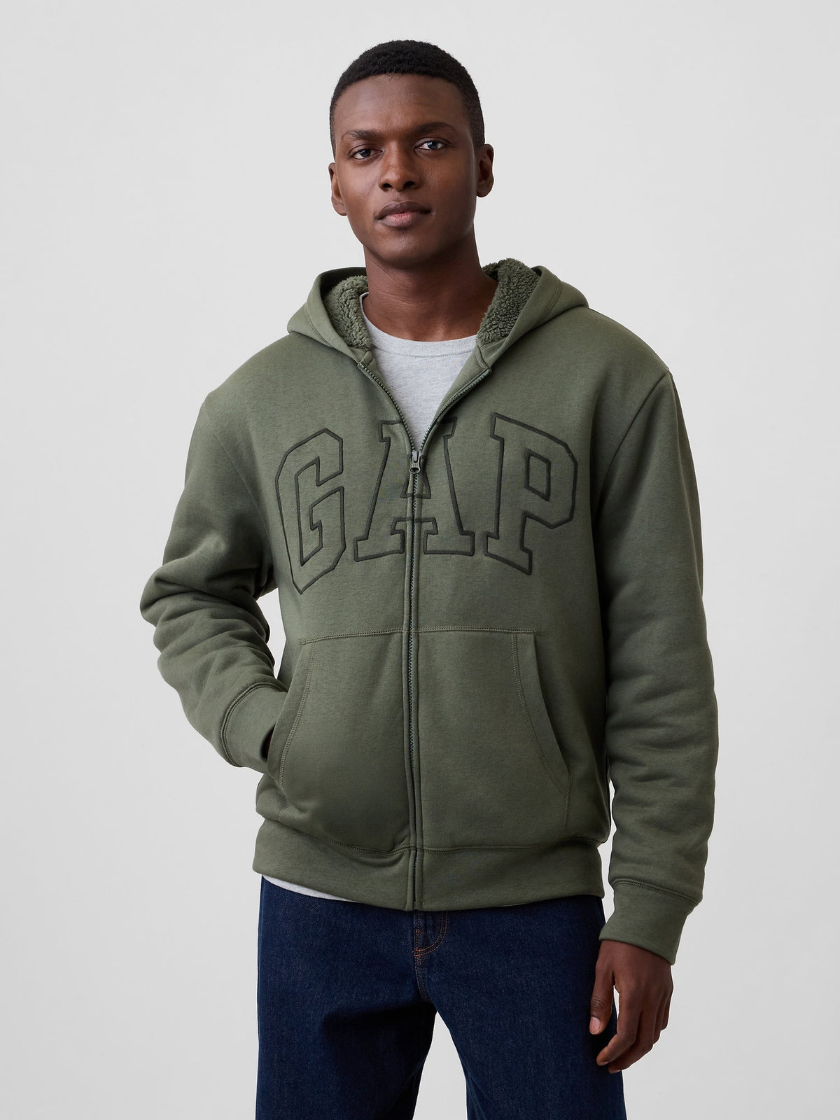Haki Relaxed Gap Logo Sherpa Astarlı Fermuarlı Sweatshirt