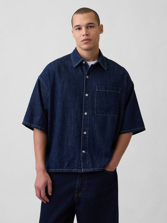 Koyu Mavi Denim Oversized Straight-hem Gömlek
