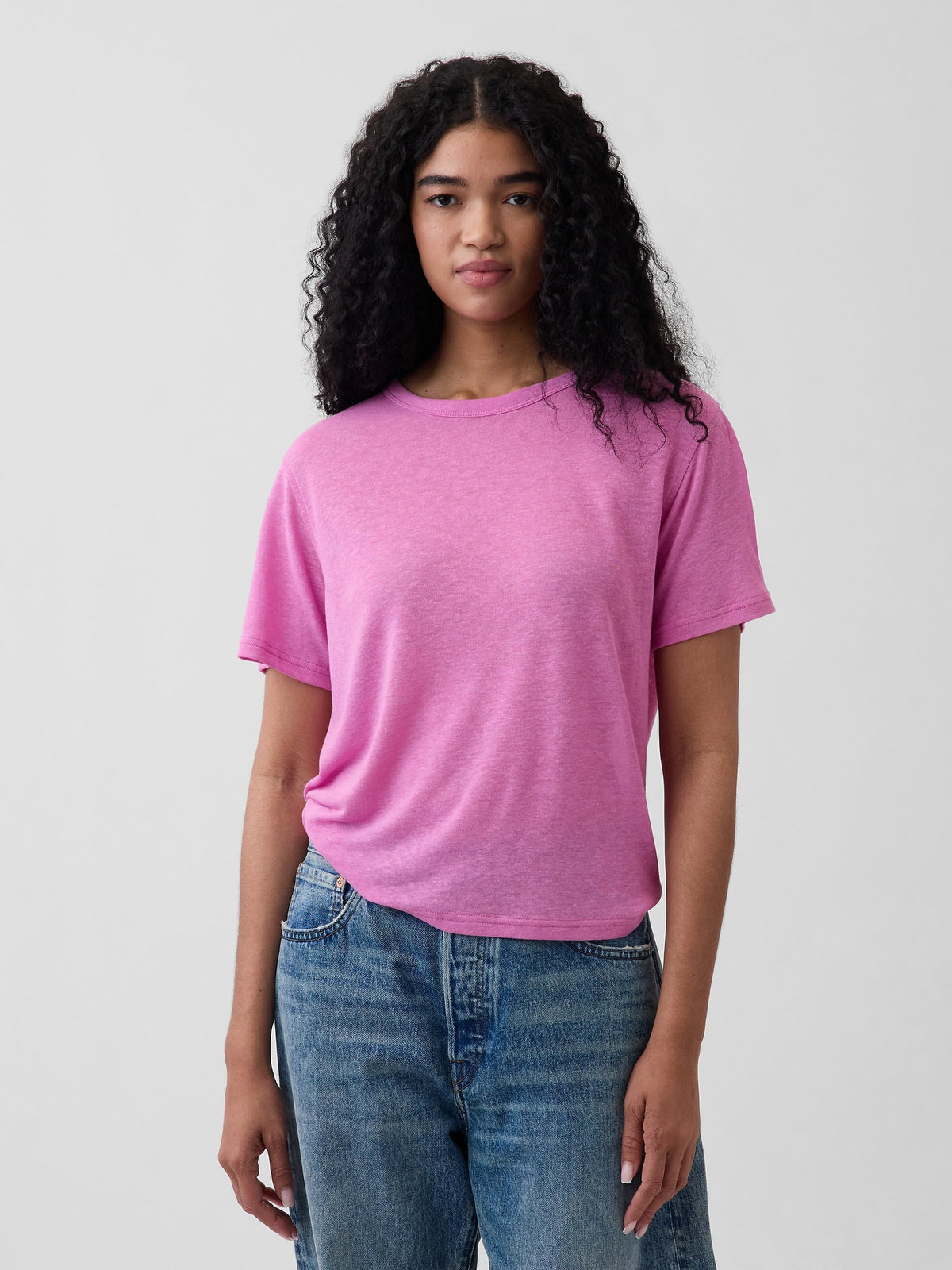 Pembe Keten Karışımlı Relaxed T-shirt