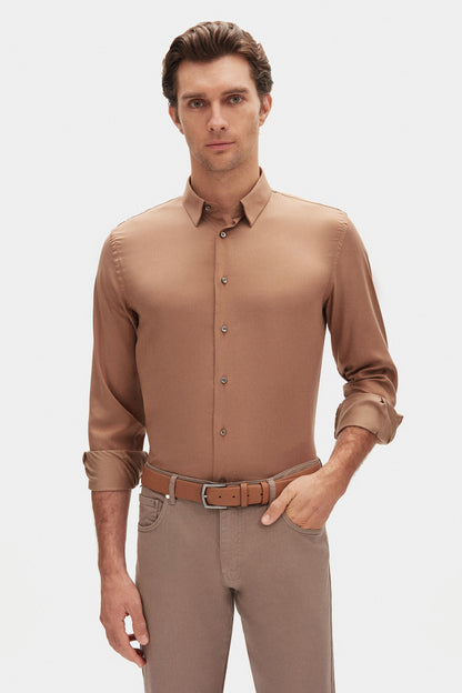 Damat Slim Fit Camel Düz Gömlek