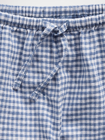 Mavi Keten Karışımlı Gingham Easy Şort