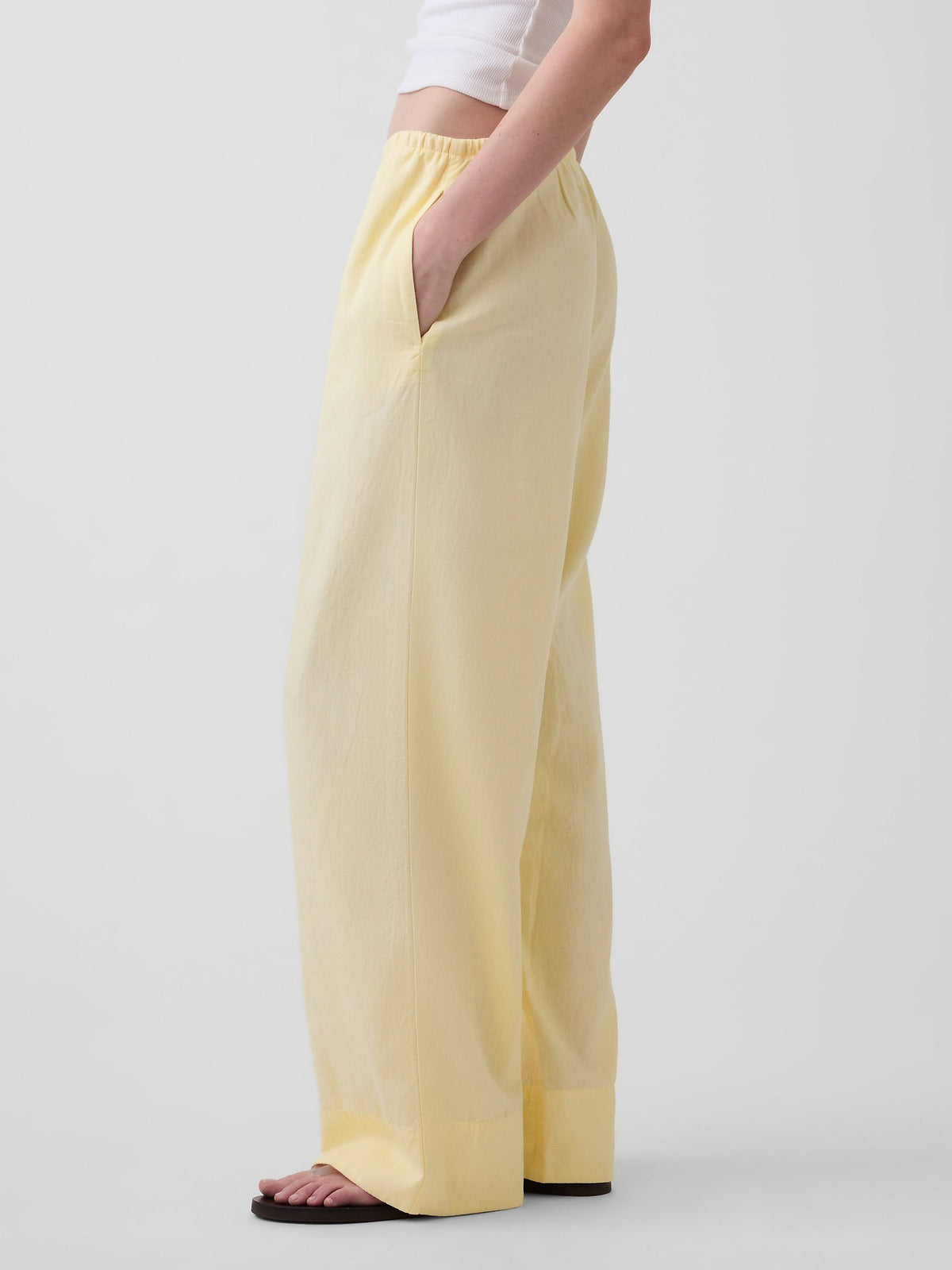 Sarı Keten Karışımlı Easy Wide-leg Pantolon