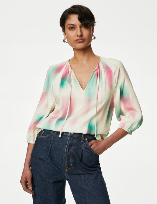 Regular Fit Desenli Cupro Bluz