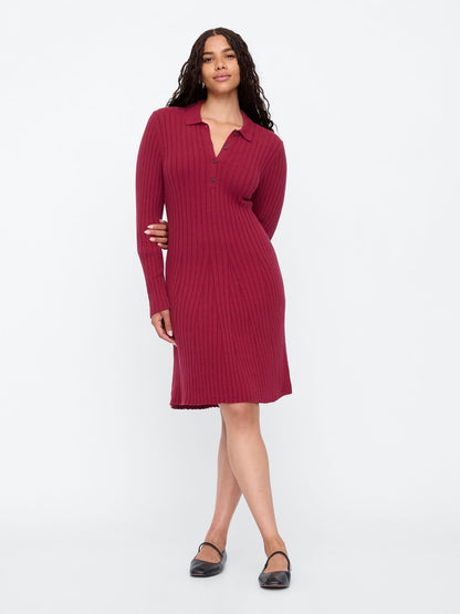 Bordo Polo Yaka Triko Mini Elbise