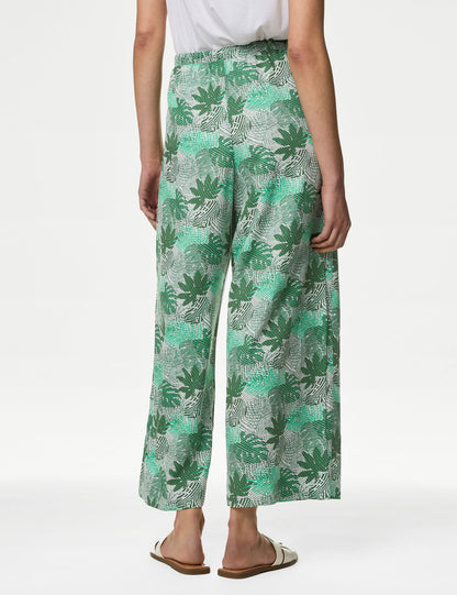 Yüksek Bel Desenli Crop Wide Leg Pantolon
