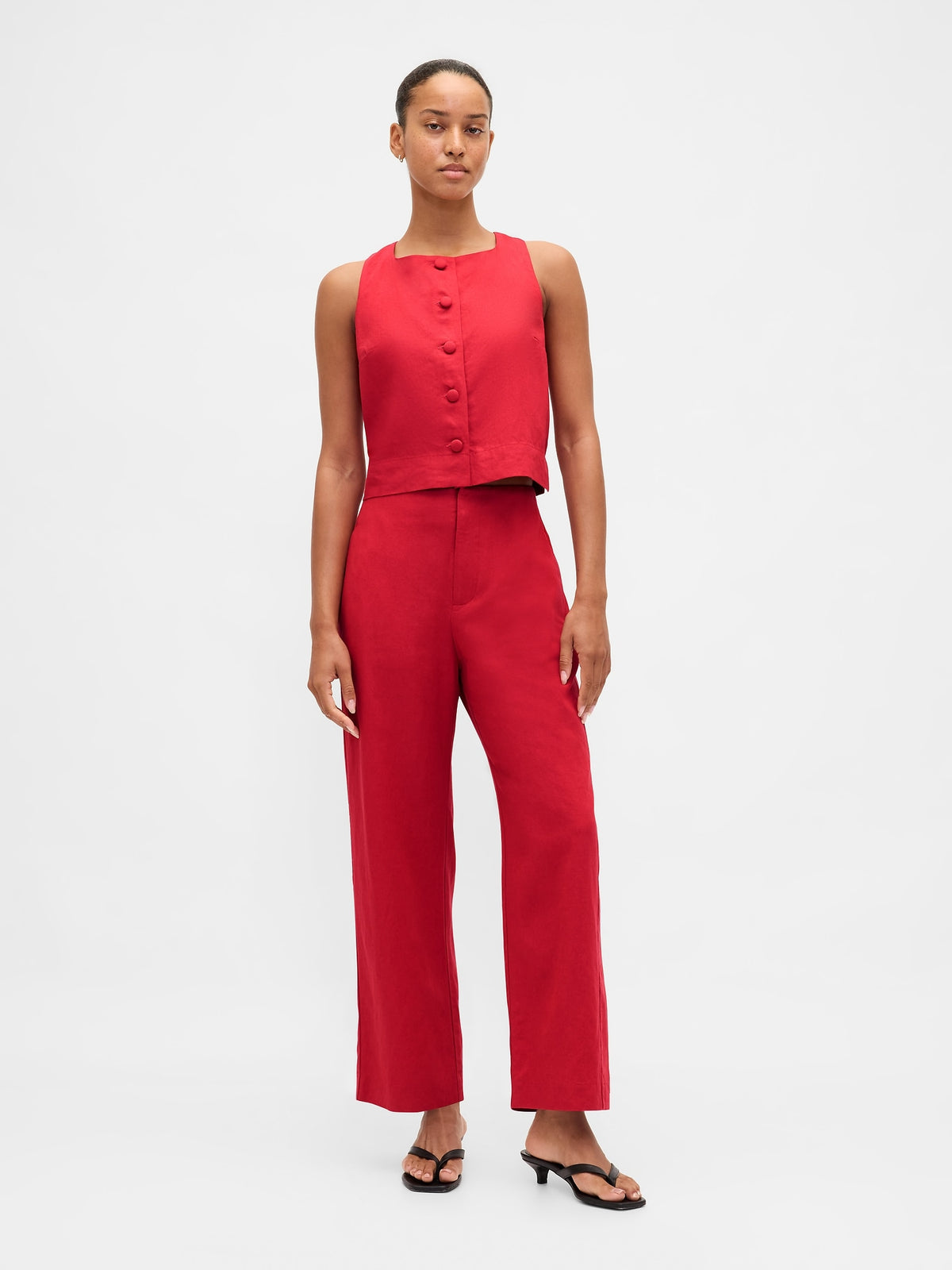 Kırmızı Keten Karışımlı Relaxed Straight Ankle Pantolon