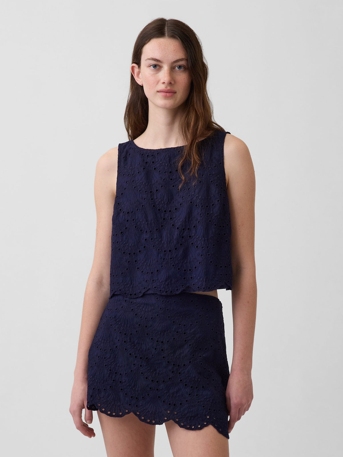 Lacivert Eyelet Crop Shell Askılı Bluz