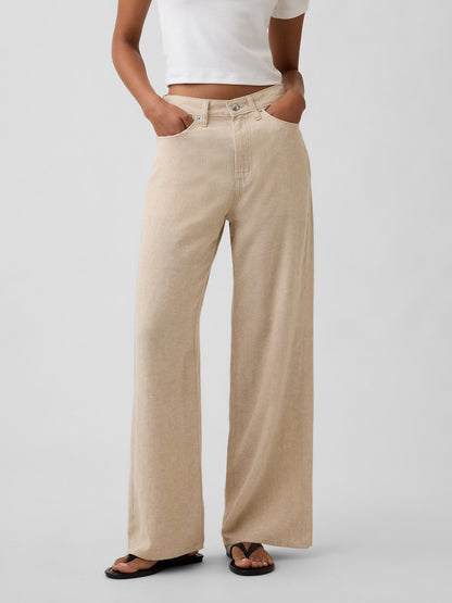 Bej High Rise Keten Karışımı Wide-leg Pantolon