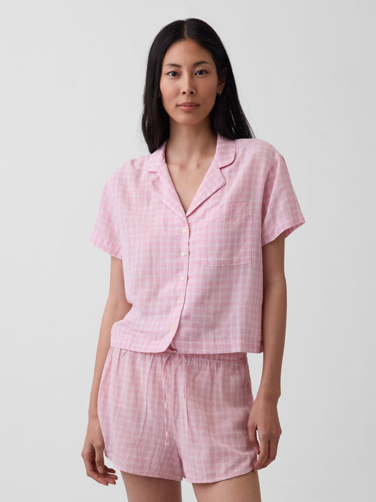 Pembe Crinkle Gauze Oversized Pijama Üstü