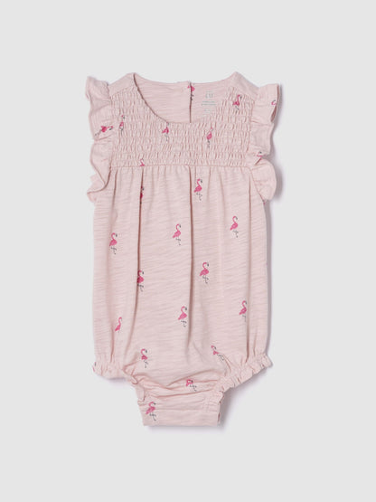 Pembe Organik Pamuk Smocked Balon Kısa Tulum