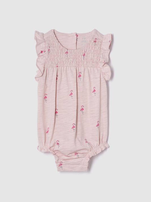 Pembe Organik Pamuk Smocked Balon Kısa Tulum