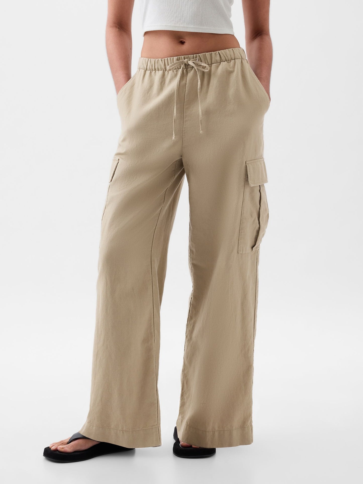 Bej Keten Karışımlı Pull-on Kargo Pantolon