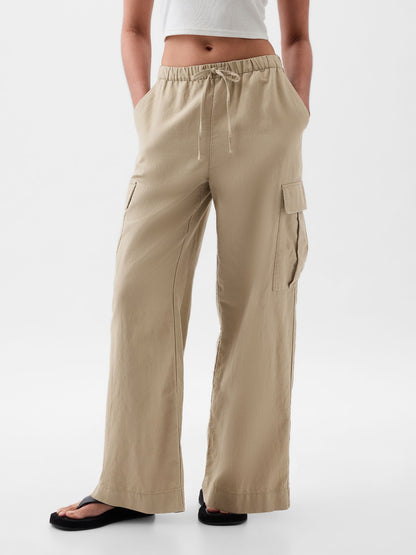 Bej Keten Karışımlı Pull-on Kargo Pantolon