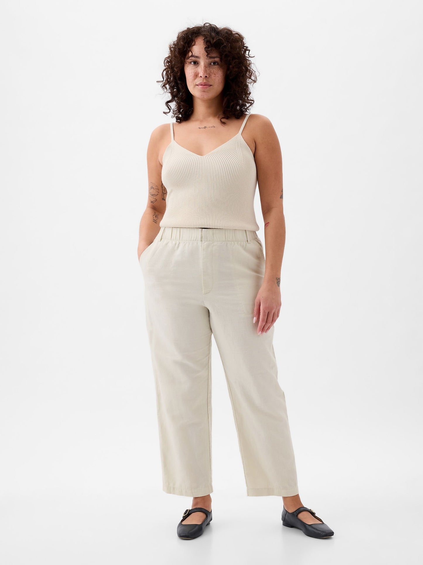 Bej High Rise Keten Karışımlı Pull-on Pantolon