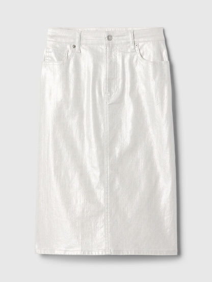 Gri Denim Parlak Midi Etek