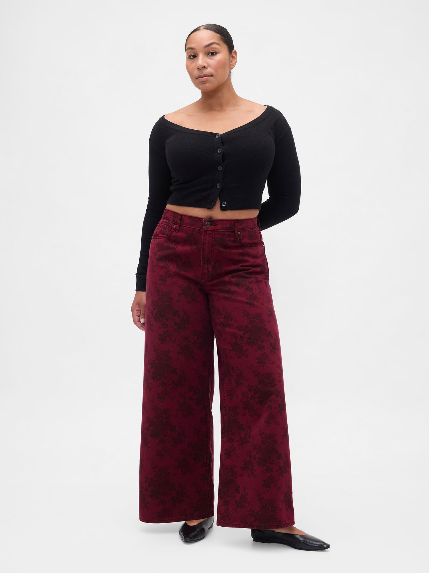 Bordo Mid Rise Çiçekli Baggy Jean Pantolon